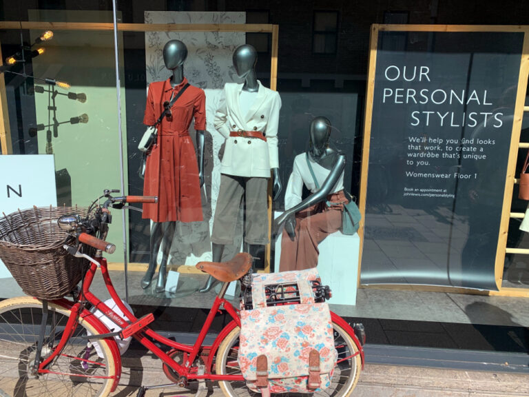 John Lewis Cambridge shop window with bike