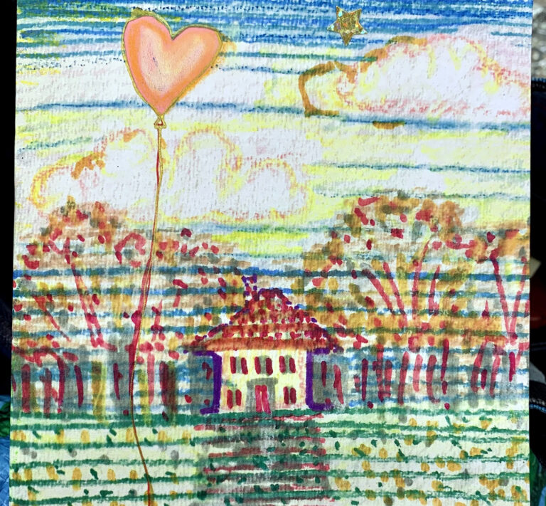 'House in woods heart balloon' (detail) art card by A Howse