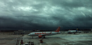 EasyJet aircraft with stormy sky Gatwick photo by A Howse