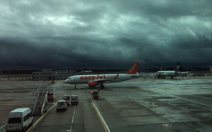 EasyJet aircraft with stormy sky Gatwick photo by A Howse