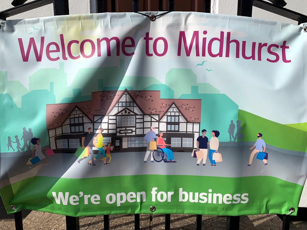 'Midhurst Open for Business' sign during temporary pedestrianisation, Photo by A Howse 