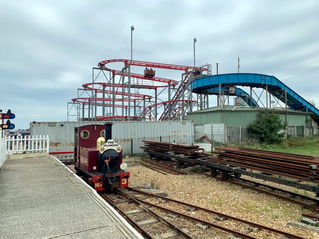 Hayling Light Railway train 'The Islander' in front of Hayling funfair., Hampshire, England. Image by A. Howse