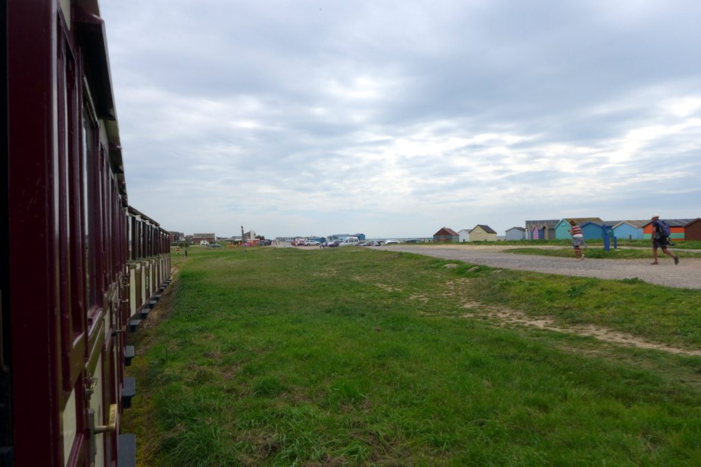 Hayling Light Railway carriages and beachuts, Hampshire, England. Image by A. Howse