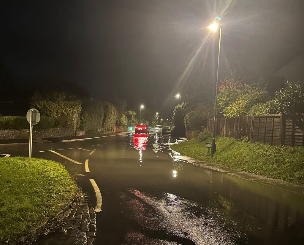 Night view as roads flood in Chichester harbour West Sussex, storm Ciaran, photo by A.Howse