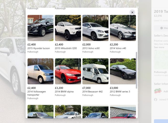 A dozen suspiciously cheap cars for sale on Facebook Marketplace account 16 Feb 2024 (ref: AdlNwz)