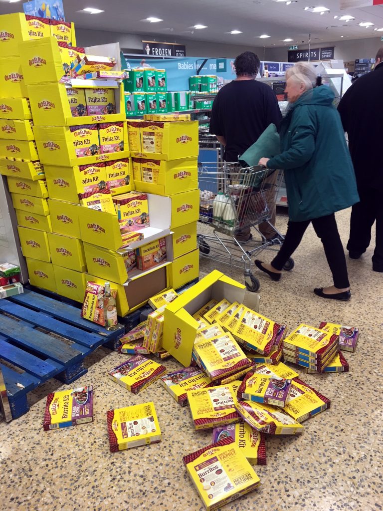 Fajita kit display in disarray, discount grocery store, Sussex, England. Photo by A.Howse